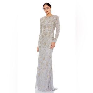 Mac Duggal 5308 Elegant platinum long-sleeved evening gown adorned beading 14